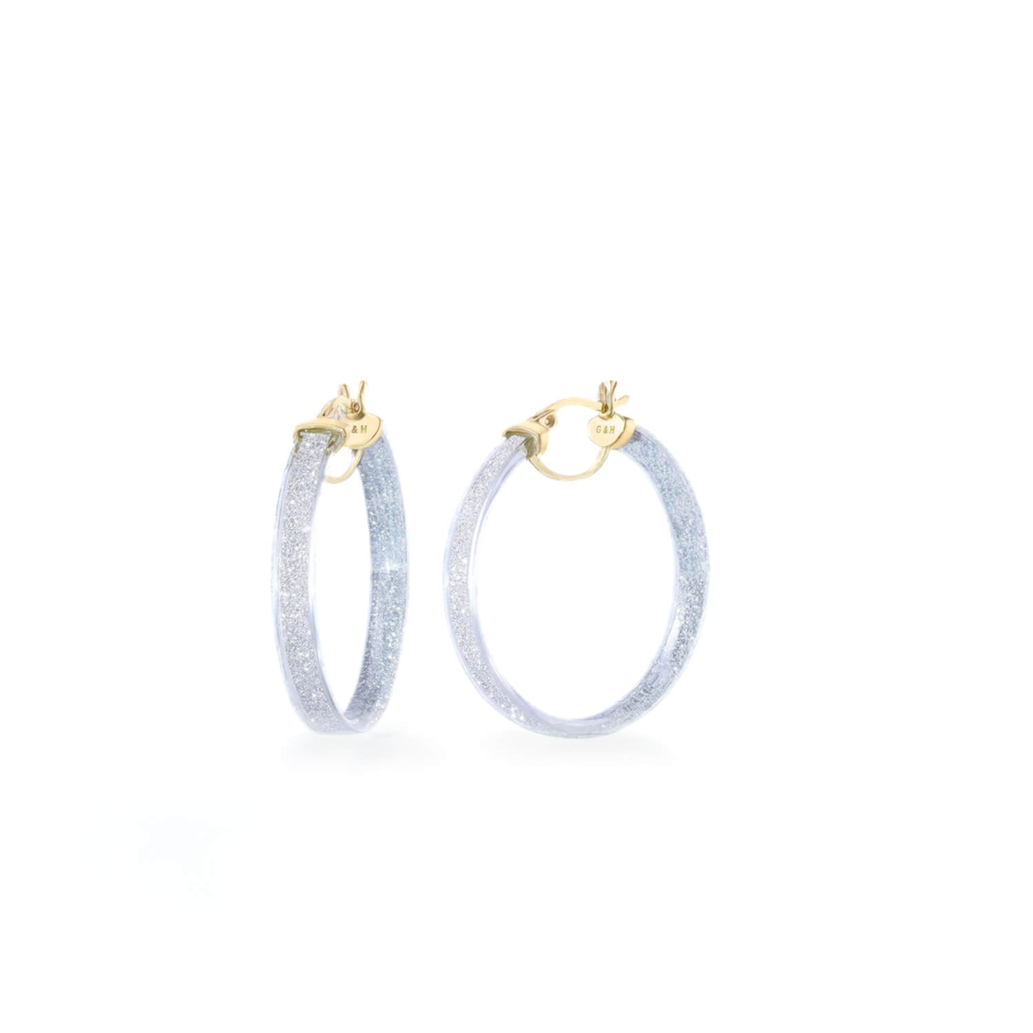 clear hoop earrings with gold glitter