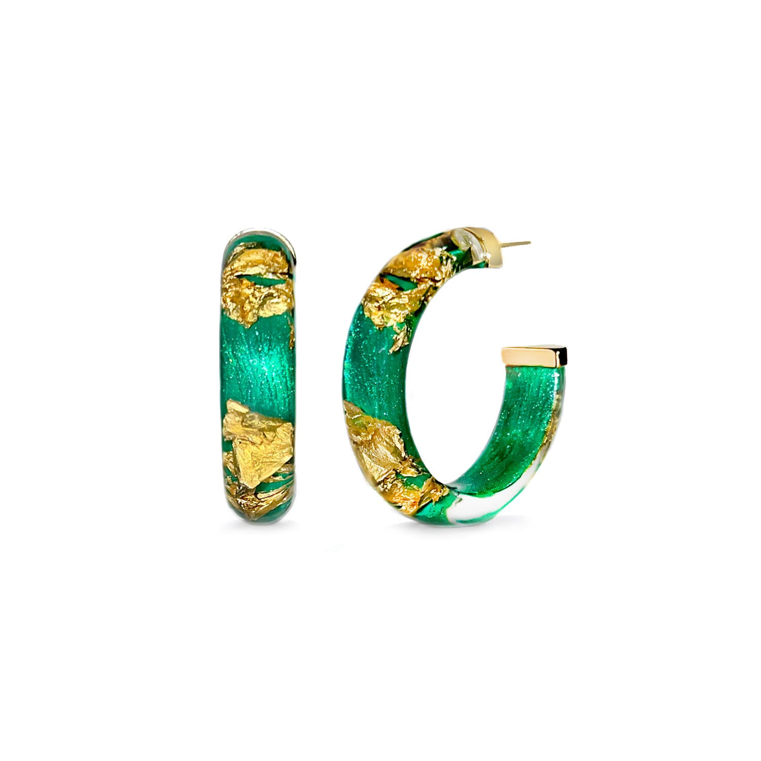 dark green emerald 24k gold leaf hoop earrings