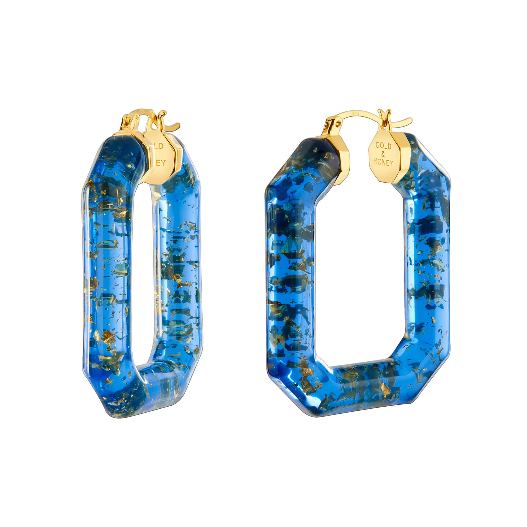 Blue 24K gold leaf emerald cut hoop earrings