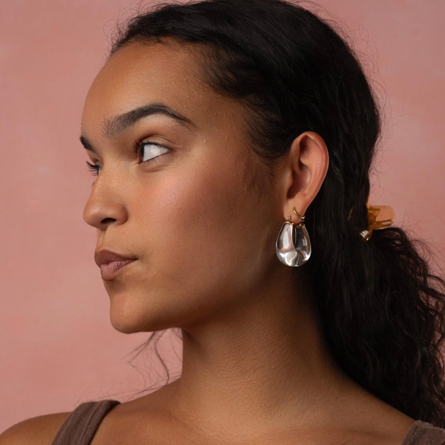 chunky bucket hoop earrings in gold and clear lucite