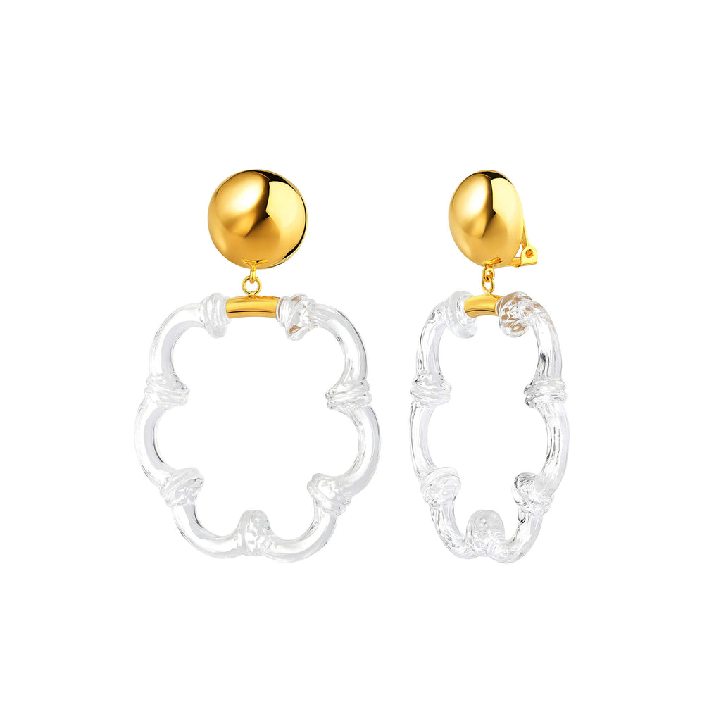 Flower Bamboo Lucite Hoop Earrings