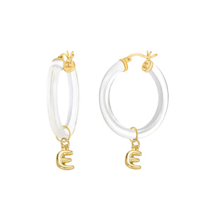 CLEAR HOOP EARRINGS WITH BUBBLE LETTERS IN GOLD