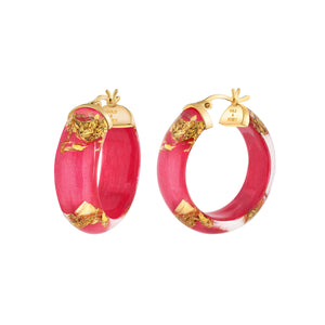 Pink and gold leaf hoop earrings