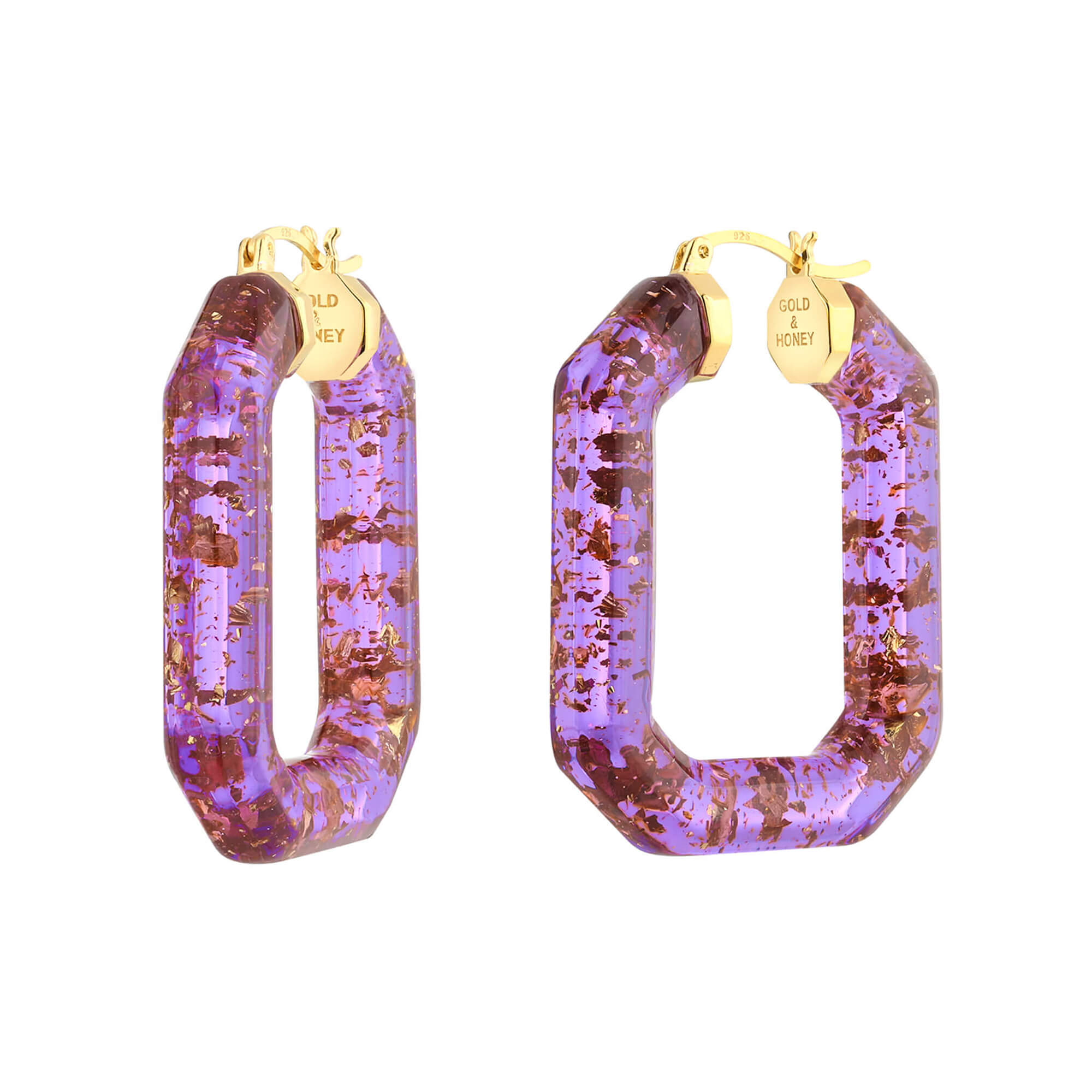 Purple 24K gold leaf emerald cut hoop earrings