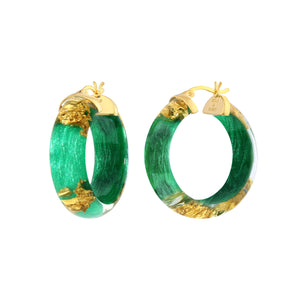 Dark Green Lucite Hoops with 24K Gold Leaf