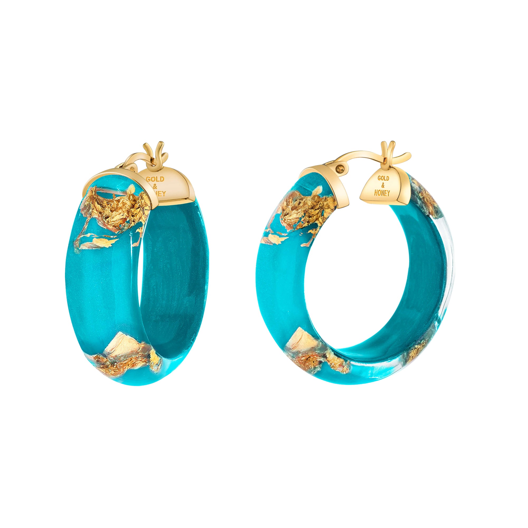 Teal Blue Lucite Hoops with 24K Gold Leaf