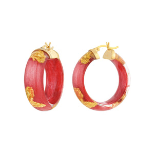 Watermelon Red Lucite Hoops with 24K Gold Leaf