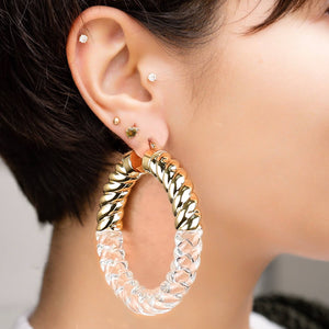 XL Chunky Rope Clear and Gold Hoop Earrings on Model