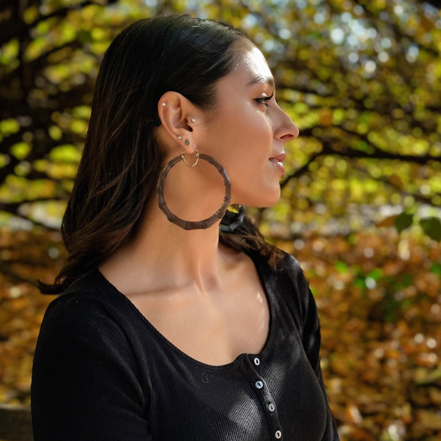 XL BIG BAMBOO HOOP EARIRNGS IN GOLD AND BLACK GREY