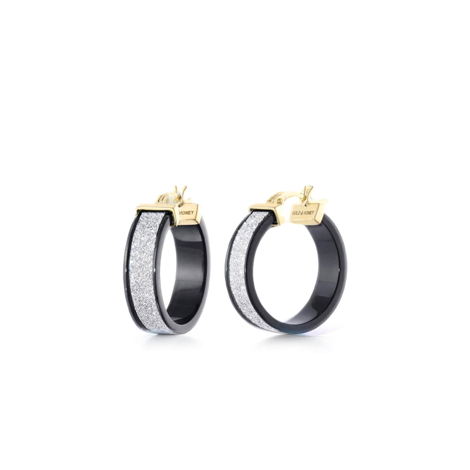 black hoop earrings with silver glitter