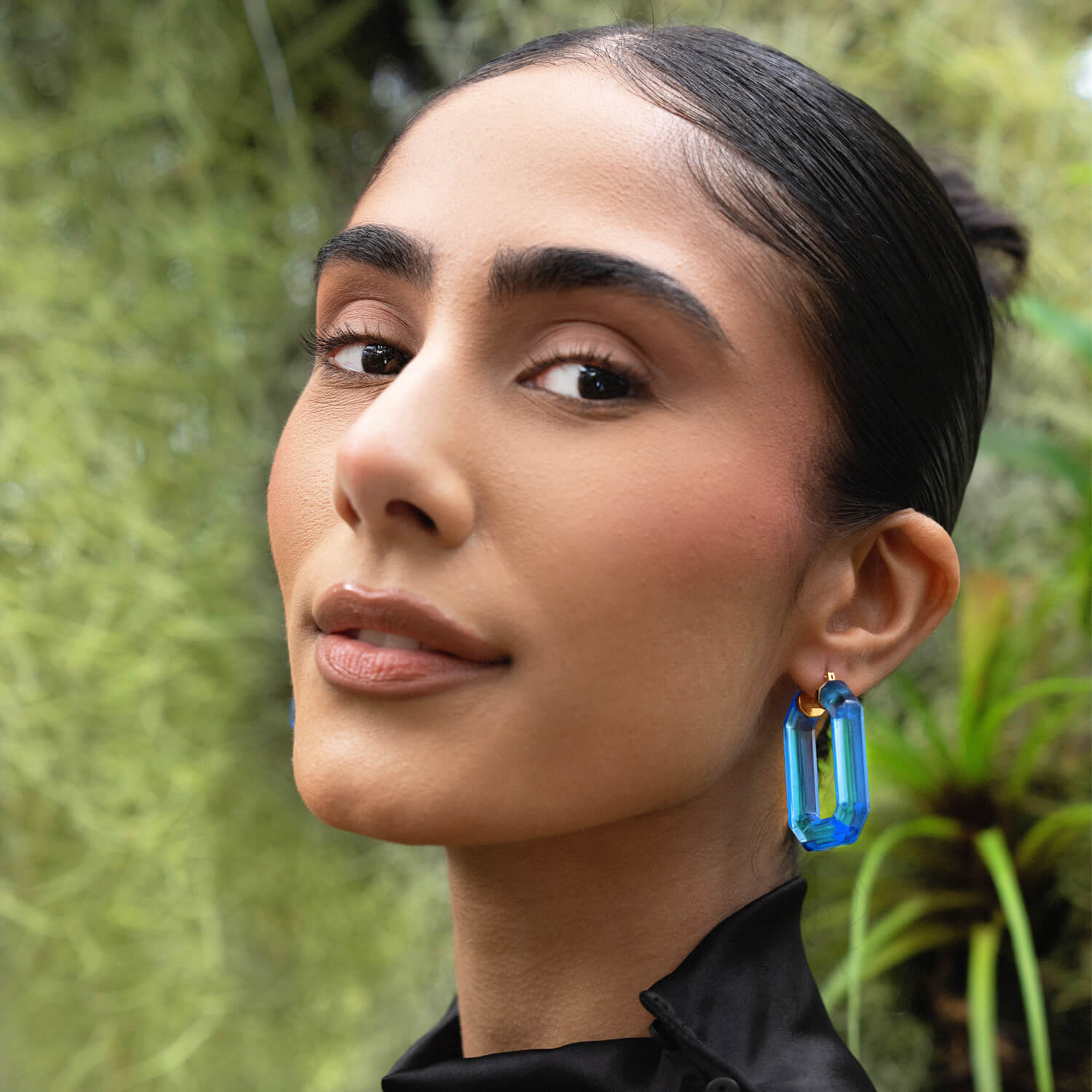 Blue 24K gold leaf emerald cut hoop earrings