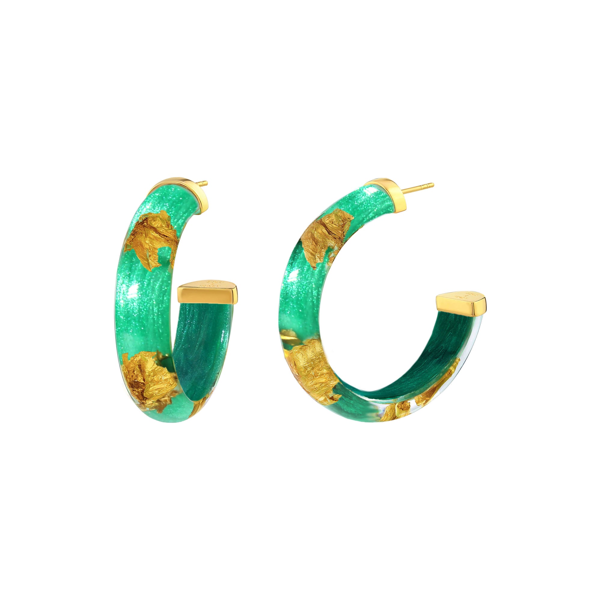 EMERALD GREEN 24K GOLD LEAF HOOP EARRINGS