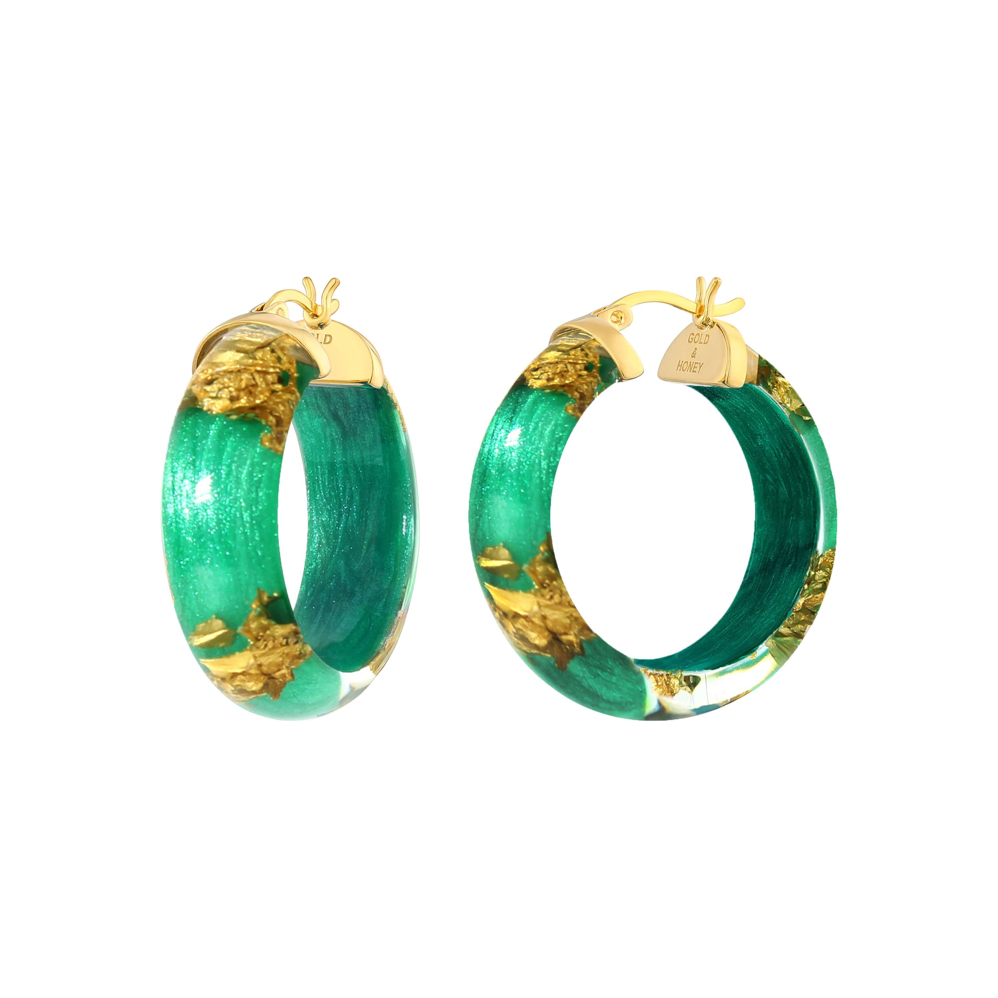 emerald gold leaf hoop earrings