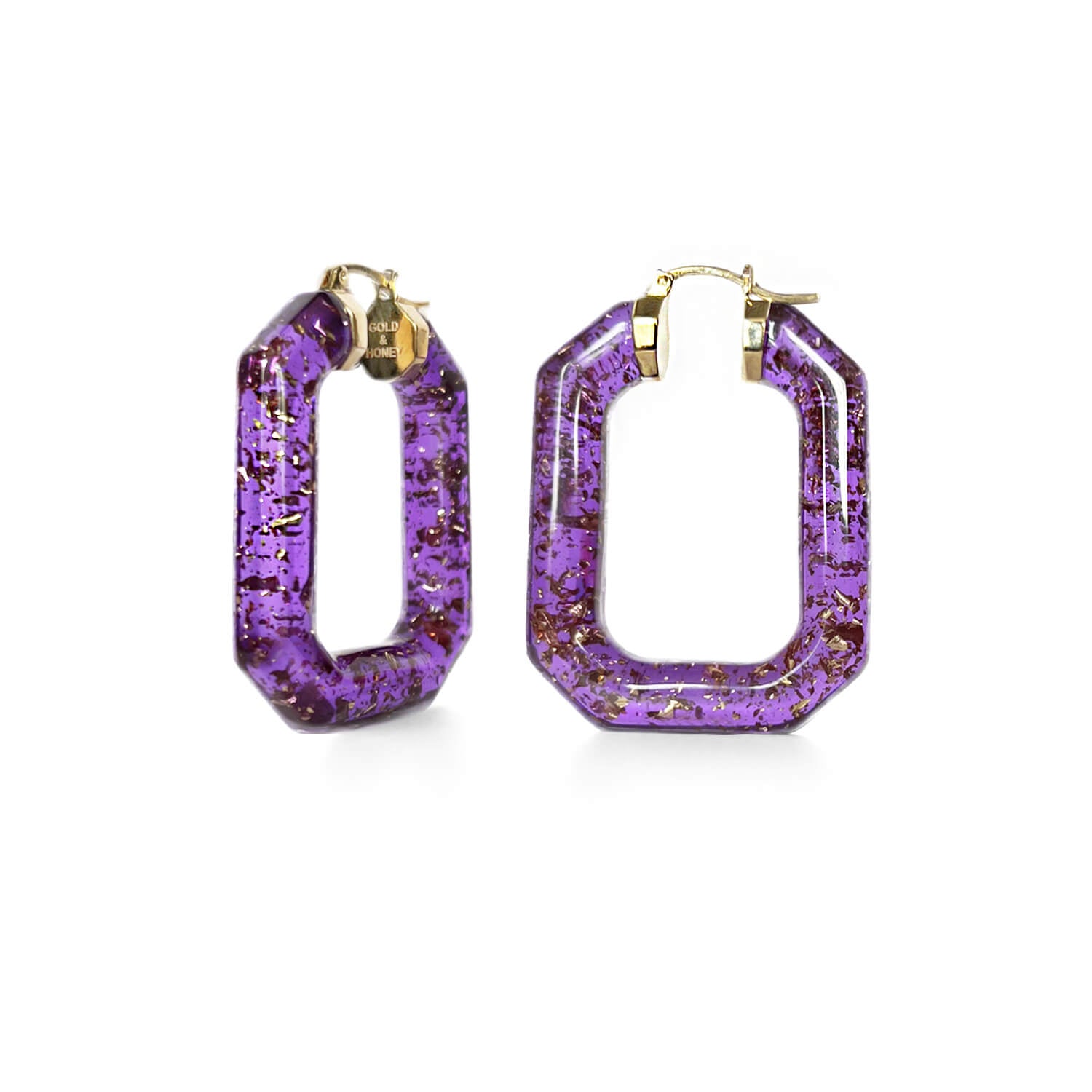 emerald cut gem hoop earring in purple gold leaf