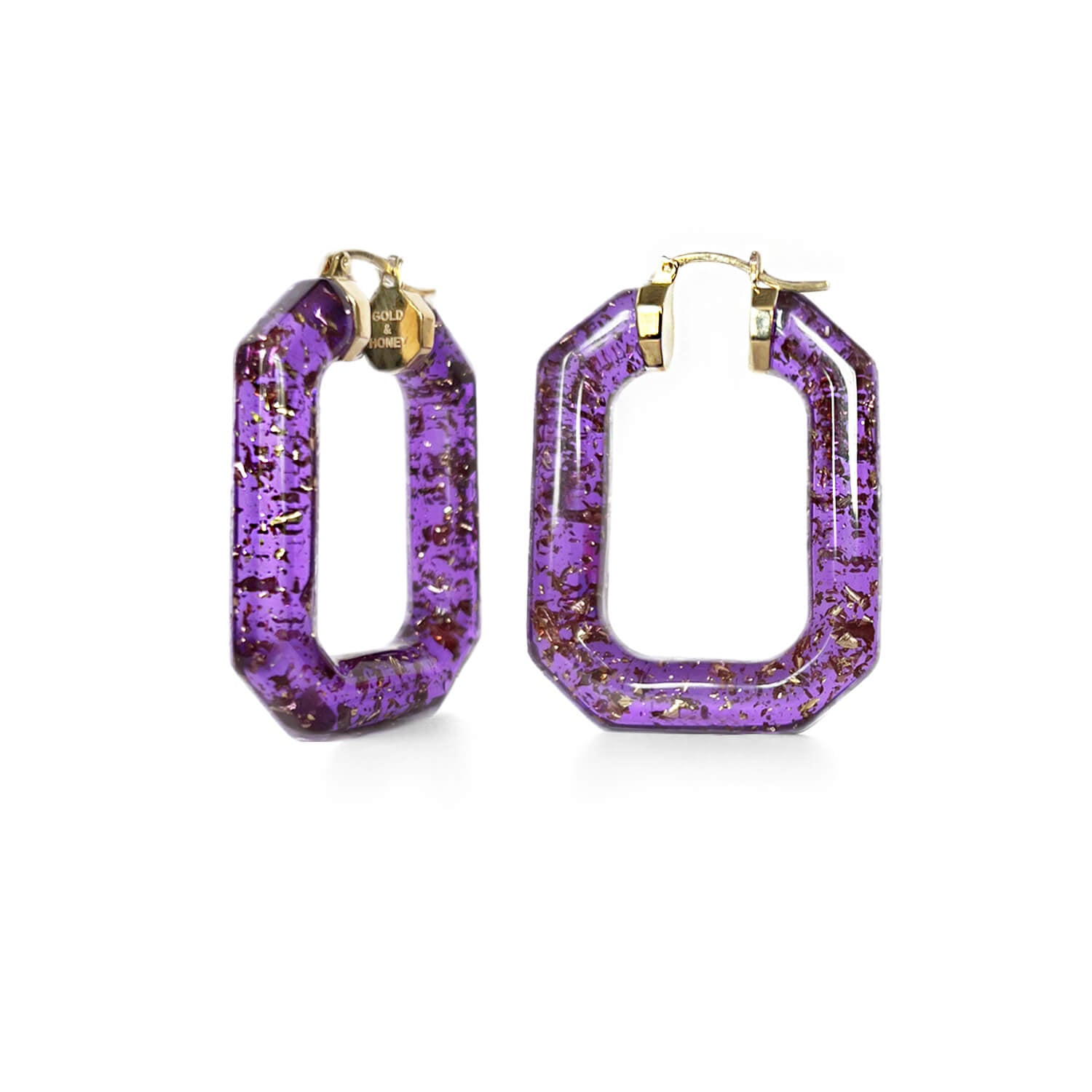 emerald gem cut purple 24k gold leaf hoop earrings