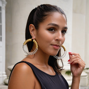 XL gold and clear rope cable hoop earrings