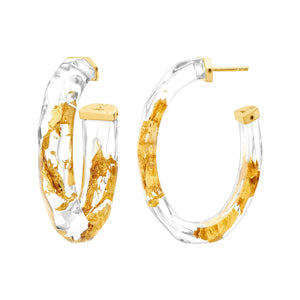 24K Gold Leaf Faceted Large Lucite Hoops - CLEAR