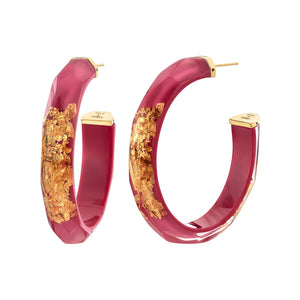 Large Faceted Gold Leaf Lucite Hoops in Neon