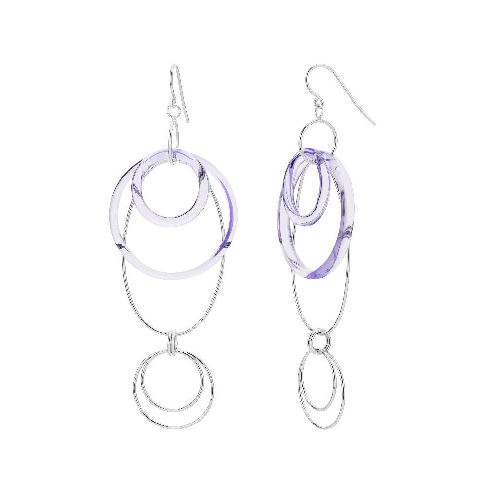 Purple Lucite and Silver Oval Drop Earrings