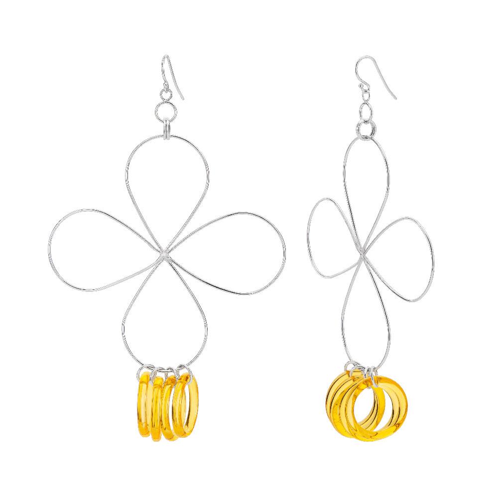 Yellow Lucite and Silver Flower Drop Earrings