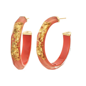 Large Faceted Gold Leaf Lucite Hoops in Neon